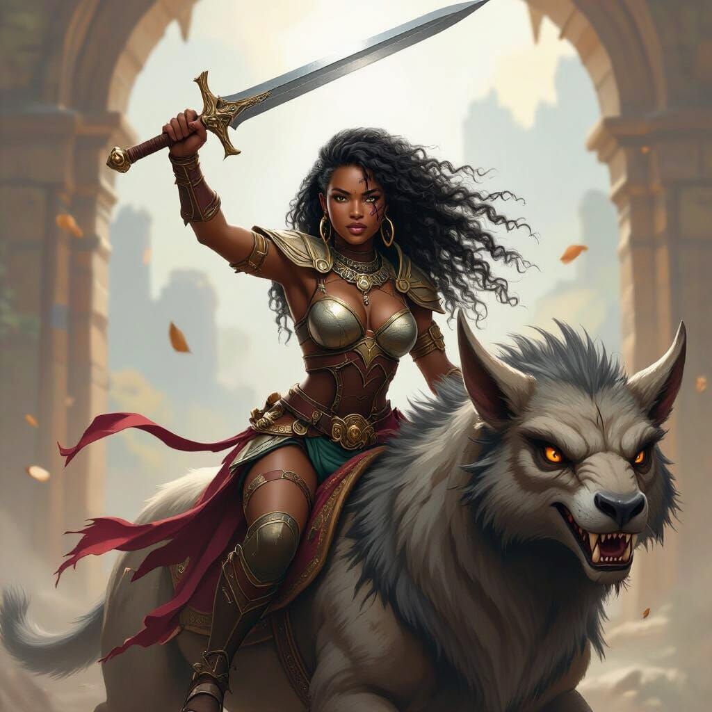 African American Warrior Rides Mythical Beast in Heroic Fant...