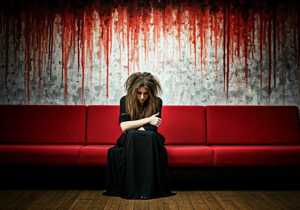 Woman on a Long Red Sofa in Dramatic Setting