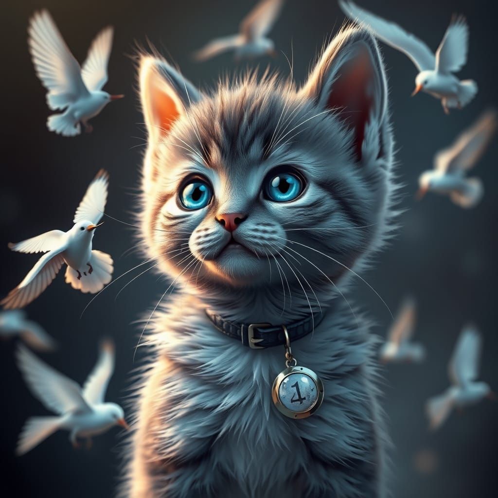 Whimsical Grey Kitten Contemplating Birds in Flight