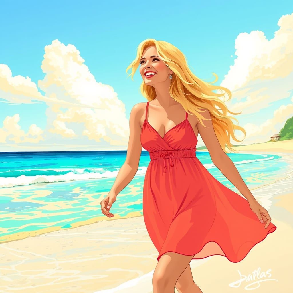 Joyful Woman on Beach in Art Nouveau Style
