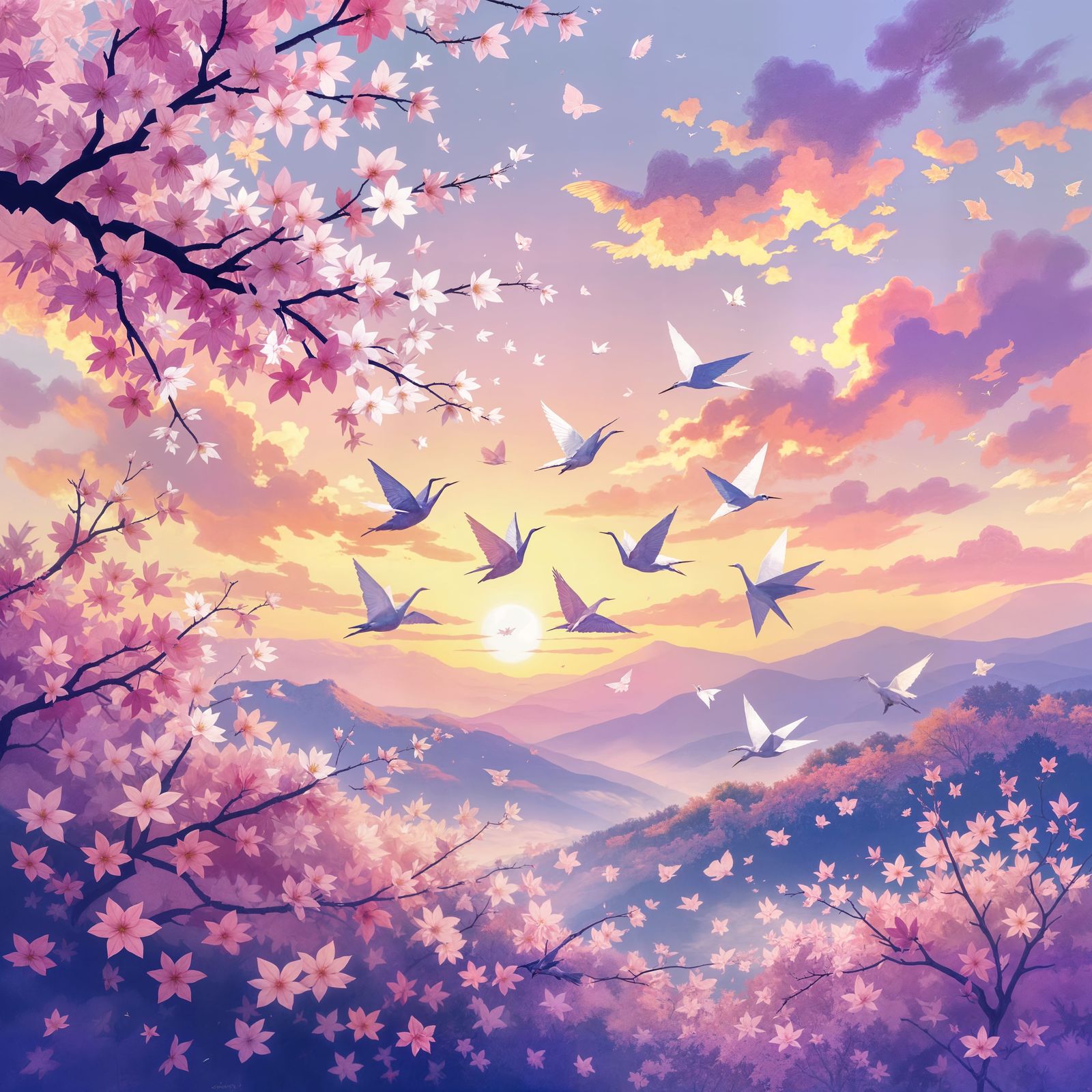 Paper Cranes Fly in Dreamy Impressionist Sky