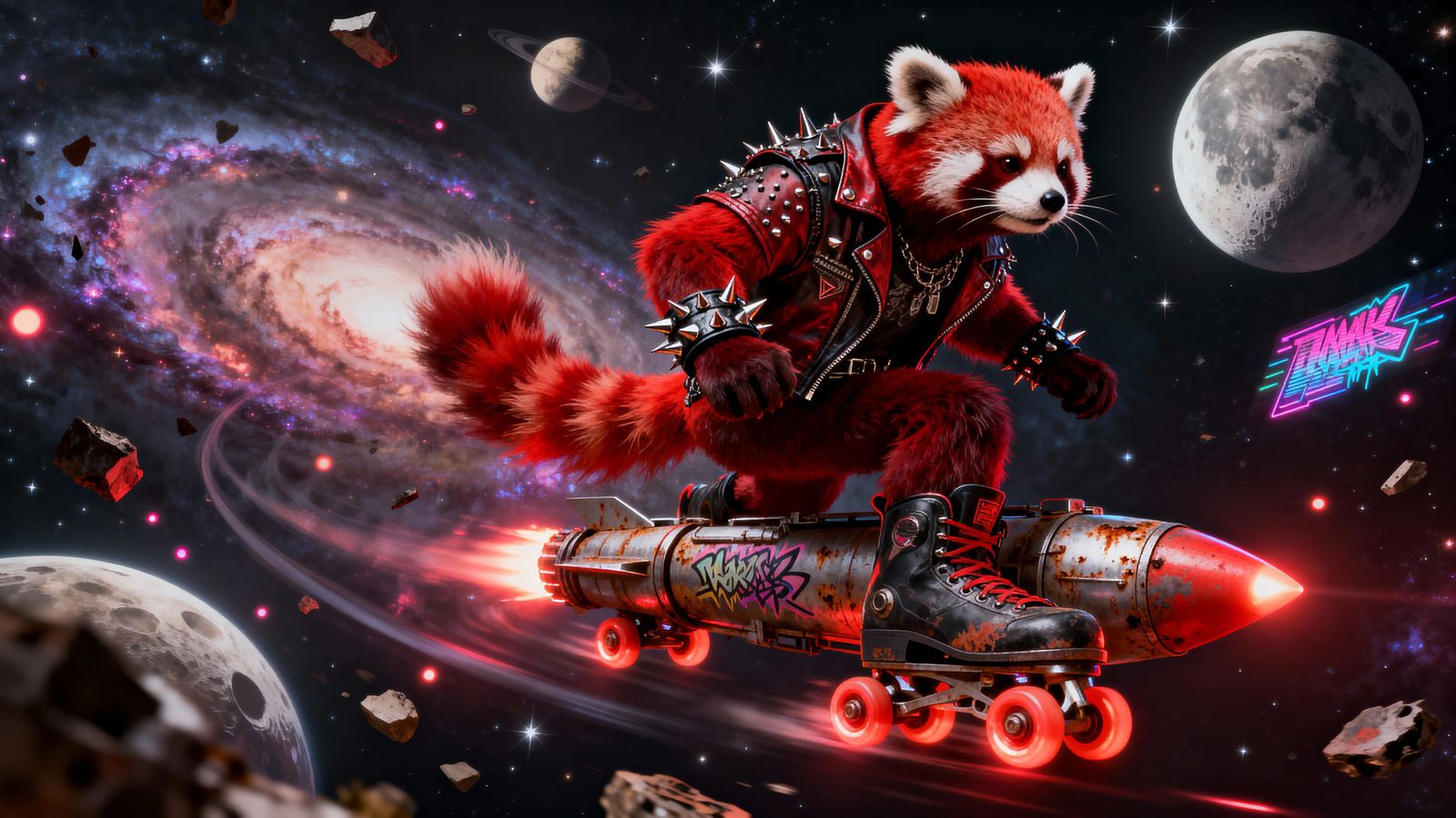 Punk Rock Red Panda on Rocket Skates in Space