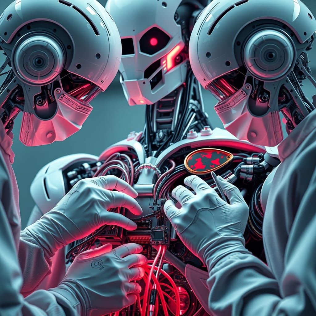 Robotic Surgeons Operate on Humanoid Robot in Futuristic Sty...