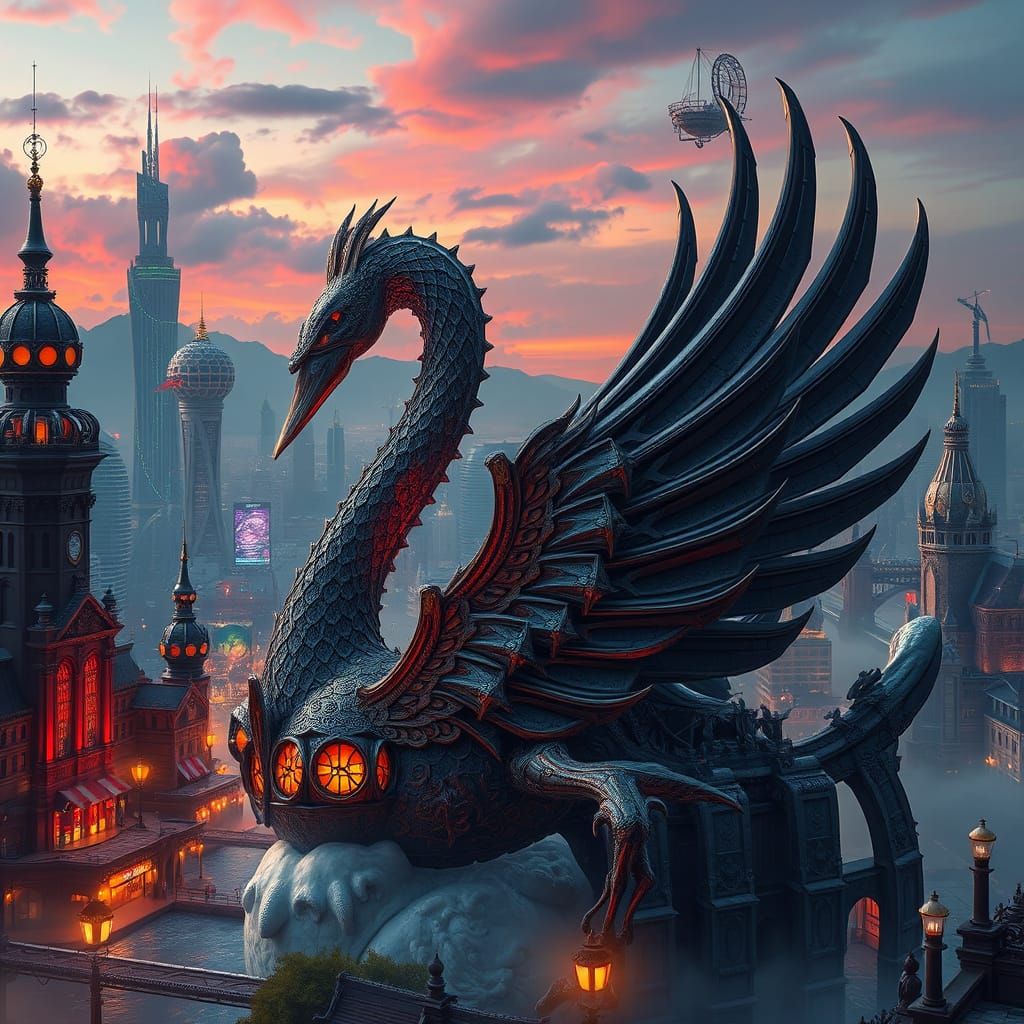 Majestic Iron Swan Reigns Supreme in Fantastical Cityscape