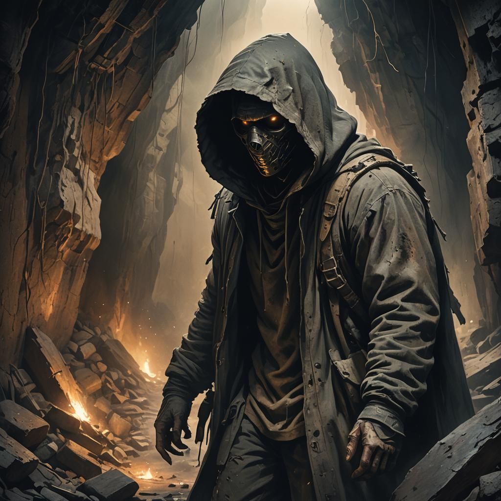 Hooded Figure in Post-Apocalyptic Cave Painting