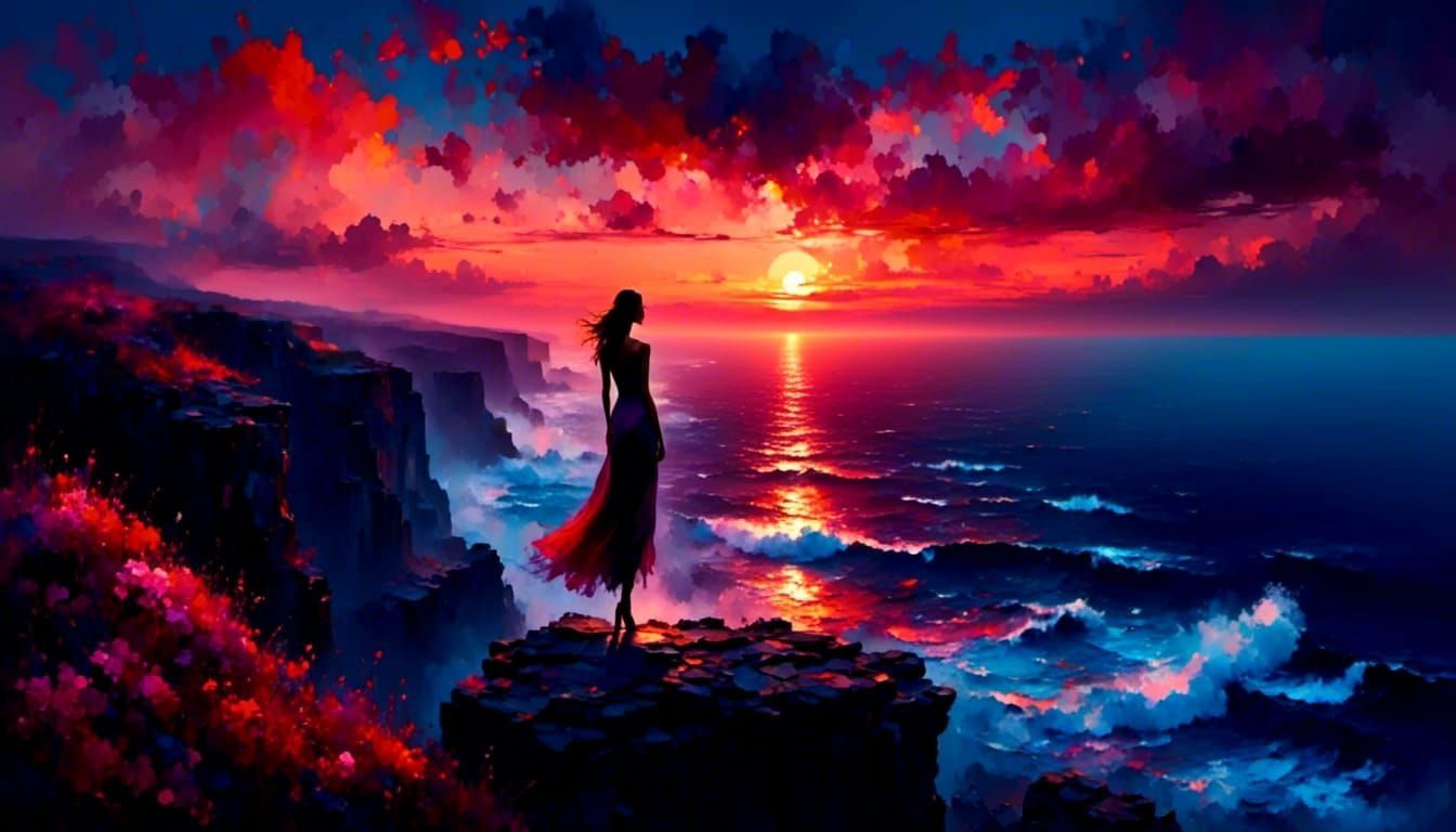 Silhouette Woman at Sunset in Impasto Style