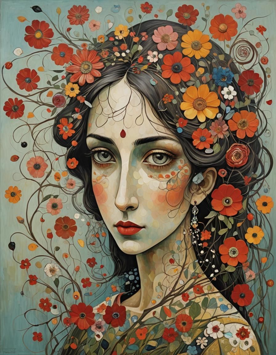 Girl Between Dreams and Fears in Floral Abstract Style