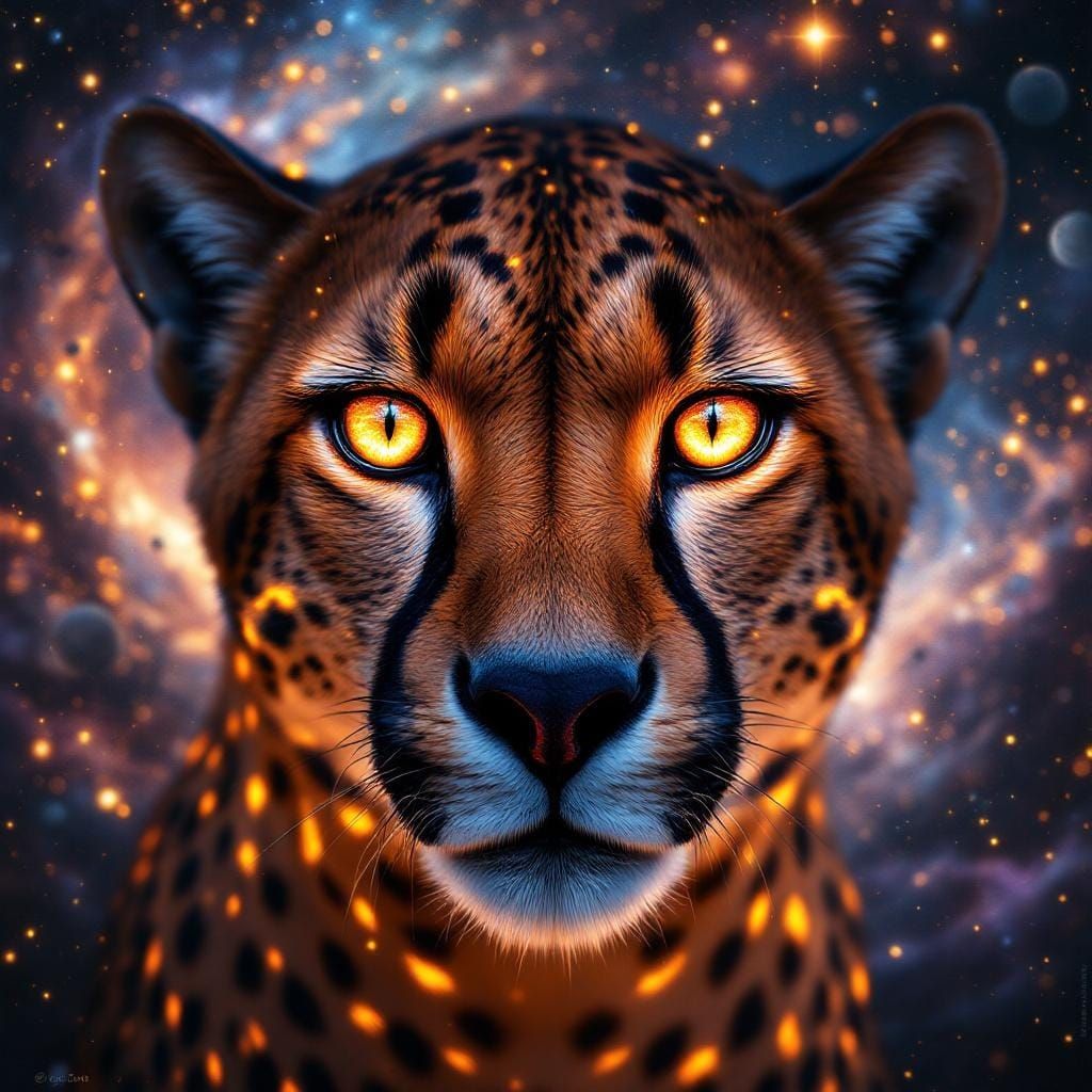 Cheetah Eyes Reflecting a Cosmic Galaxy in Digital Art