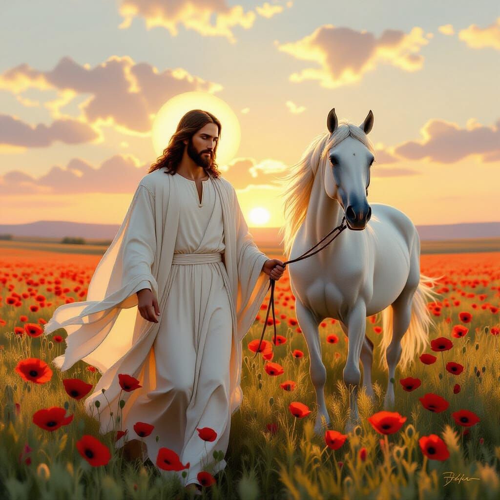 Jesus and White Horse in Poppy Field, Luminist Style