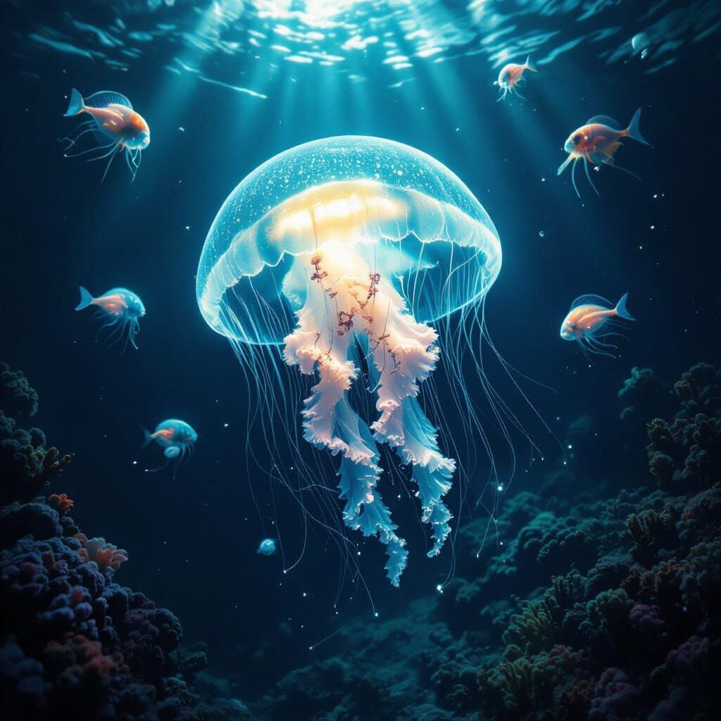 Bioluminescent Jellyfish Drifting Through Deep Sea Trench