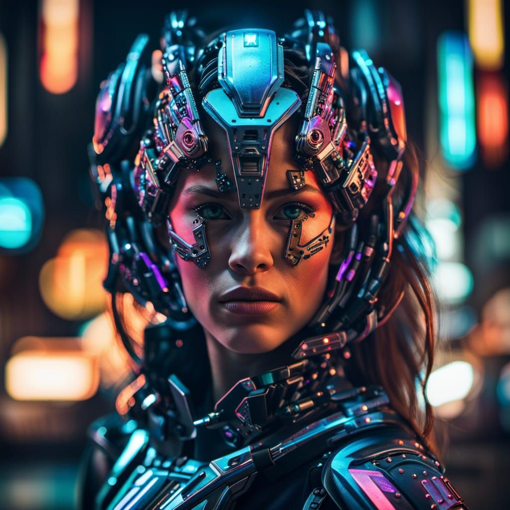 Cyborg Girl in Neon City, Hyperrealistic Portrait