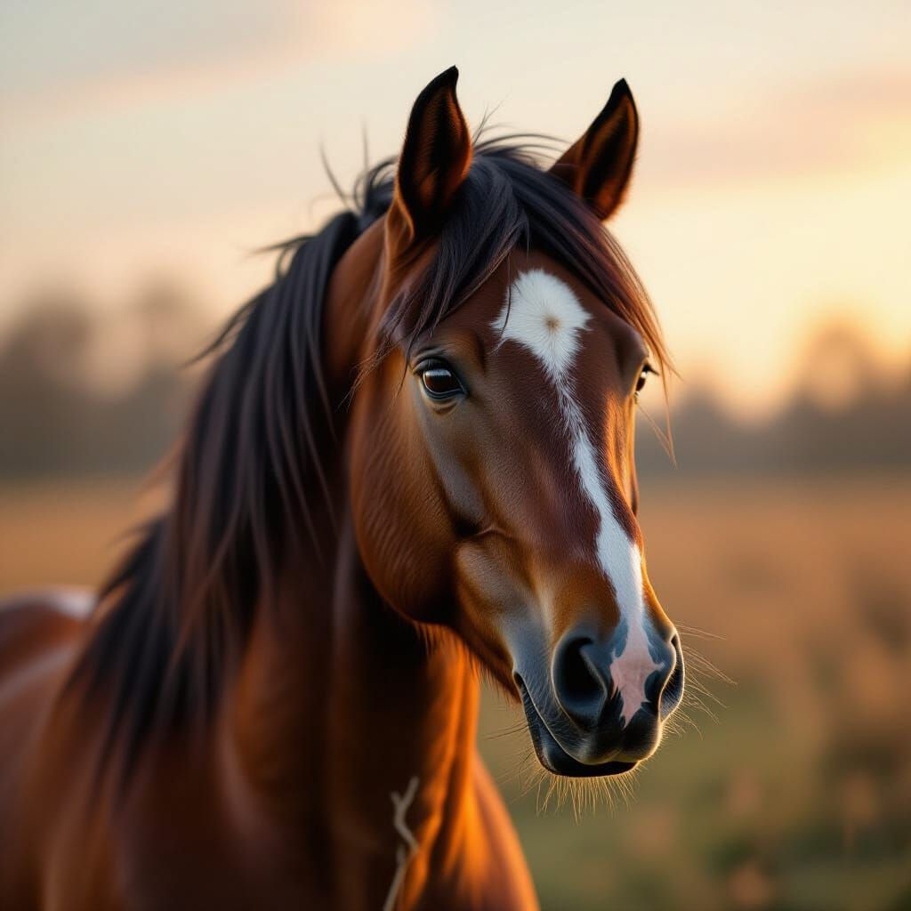 Golden Horse Portrait with Black Mane in Digital Painting