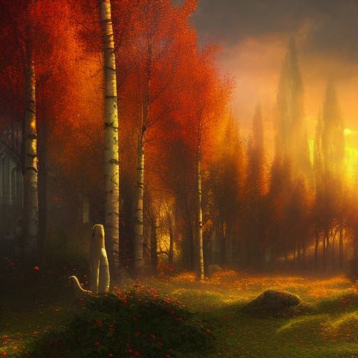 Cathedral in Autumnal Forest at Sunset: Matte Painting