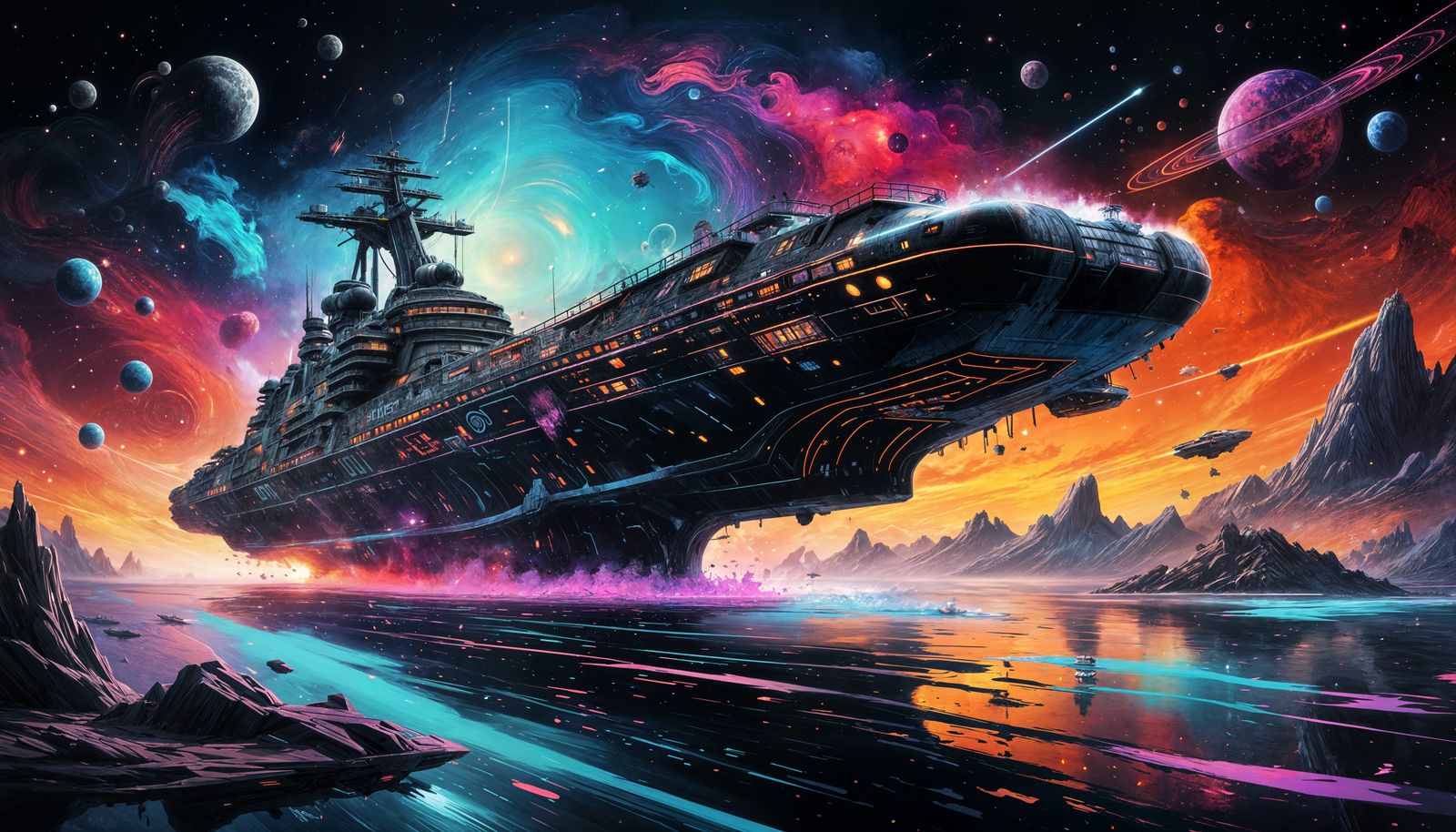 Sleek Battlecruiser in Colorful Infinite Galaxy