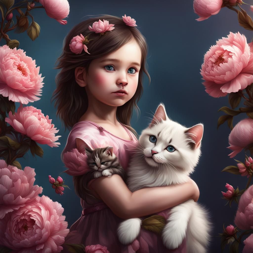 Toddler, Kitten and Peonies: Fantasy Art in Deep Color