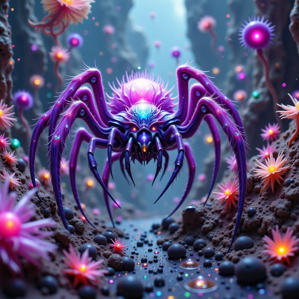 Alien Spider in a Bioluminescent Landscape