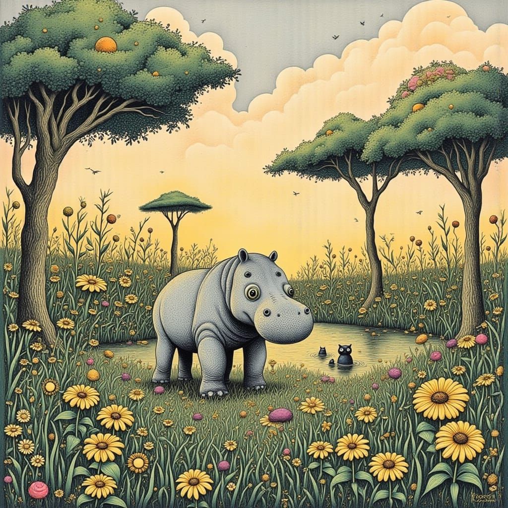 Surreal Hippopotamus in a Vibrant Serene Savannah Landscape