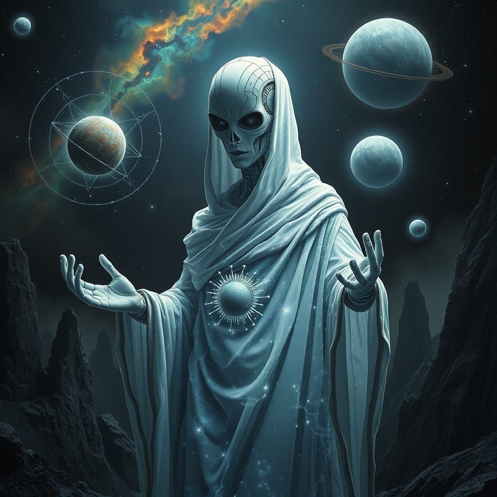 Cosmic Biomechanical Librarian in Dystopian Art Style