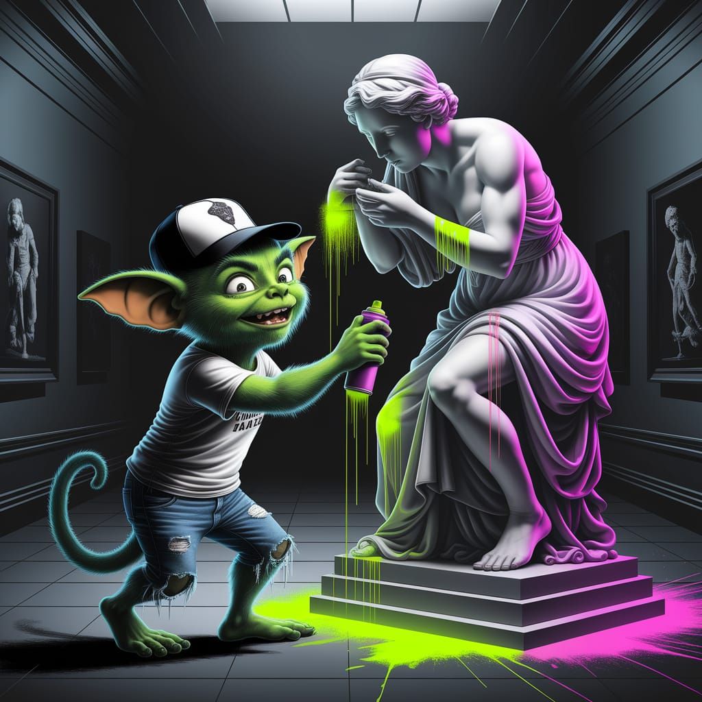 Gremlin Defaces Renaissance Statue in Museum with Neon Graff...