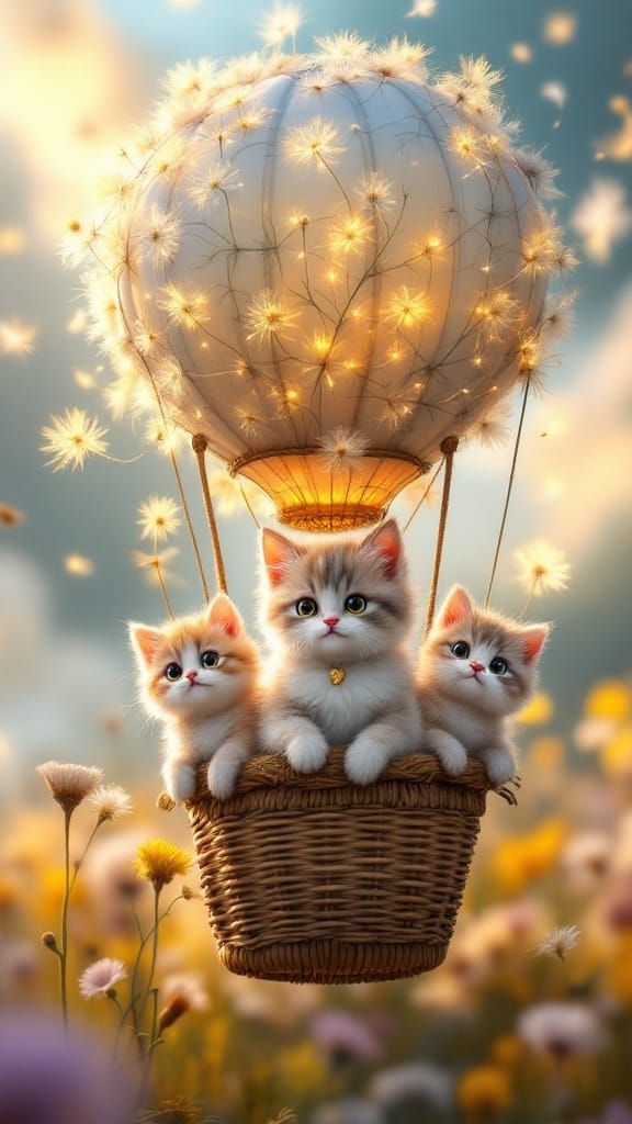 Cute Cats in Dandelion Hot Air Balloons