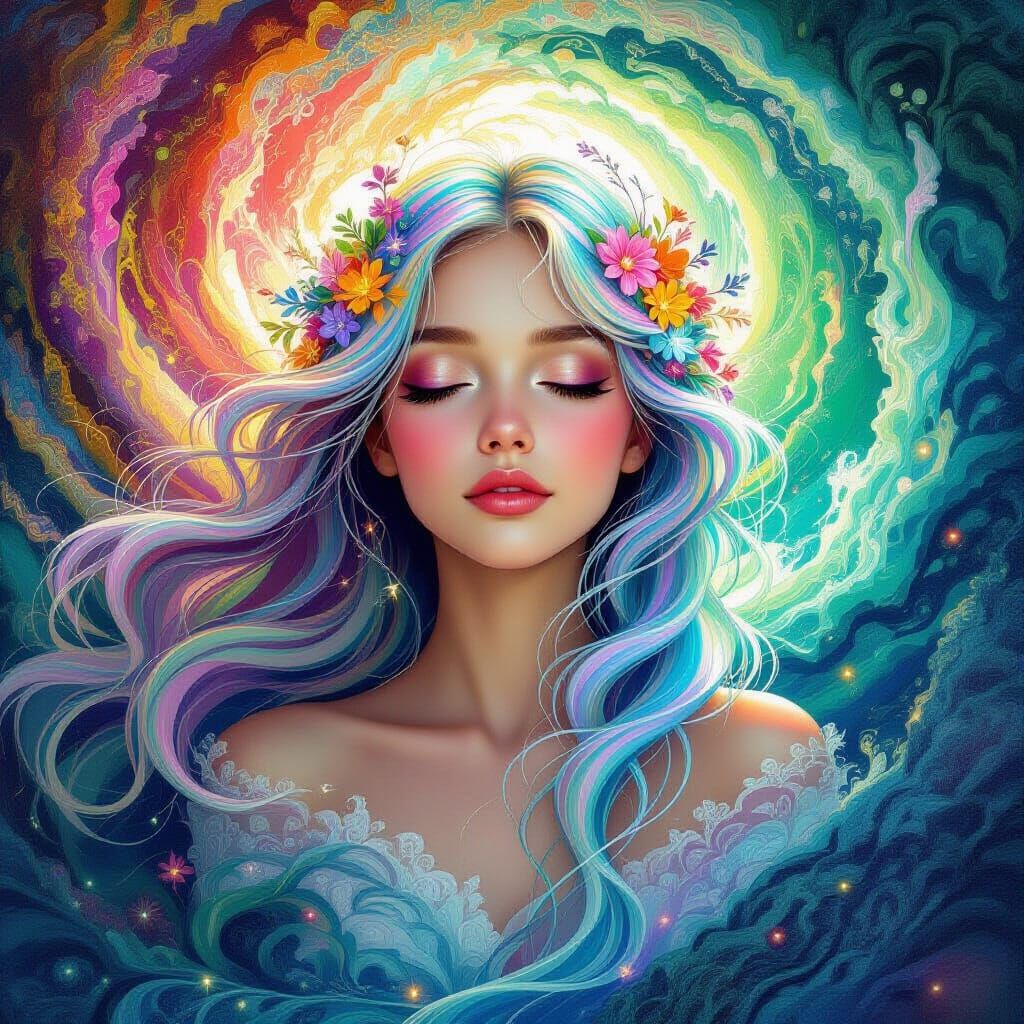 Ethereal Woman with Bioluminescent Flora in Surreal Style