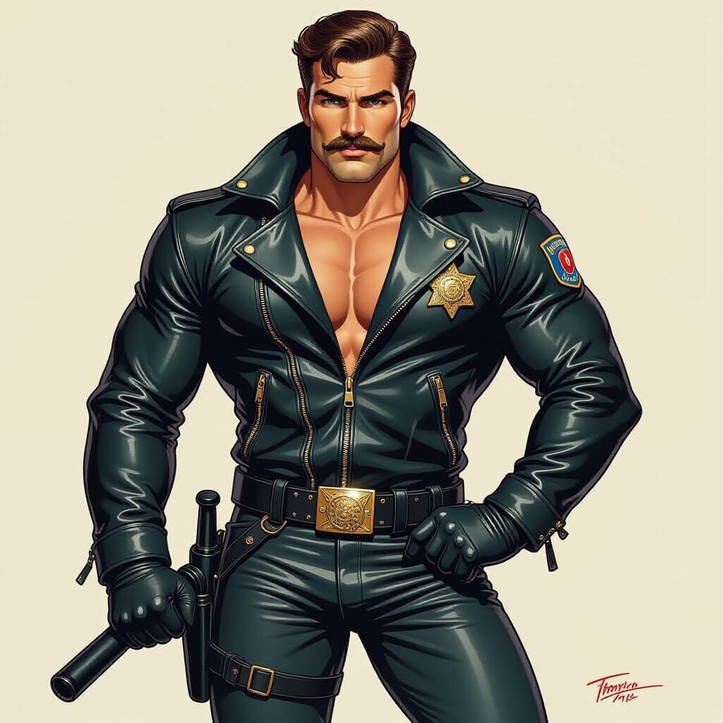 1970s Motorcycle Cop Bodybuilder Illustration