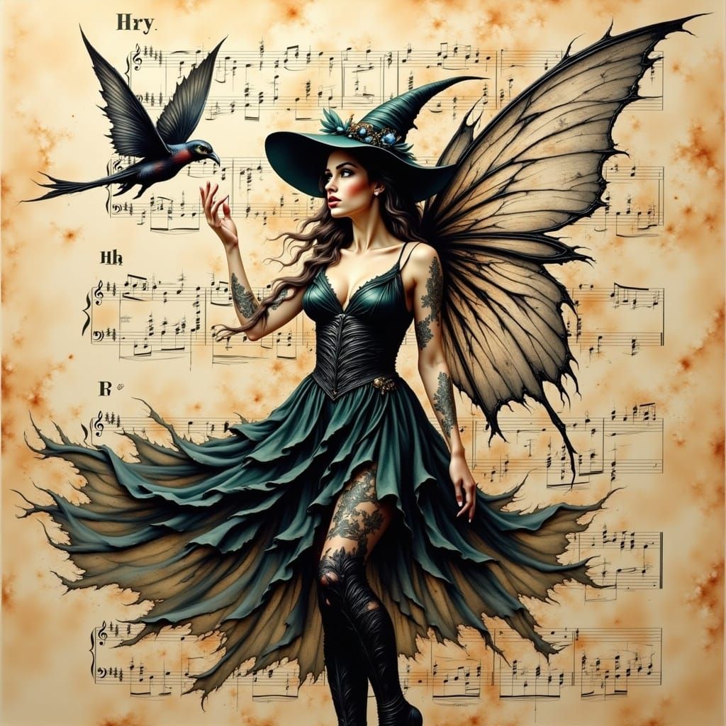 Fairy Witch with Smoke on Sheet Music, Mixed Media
