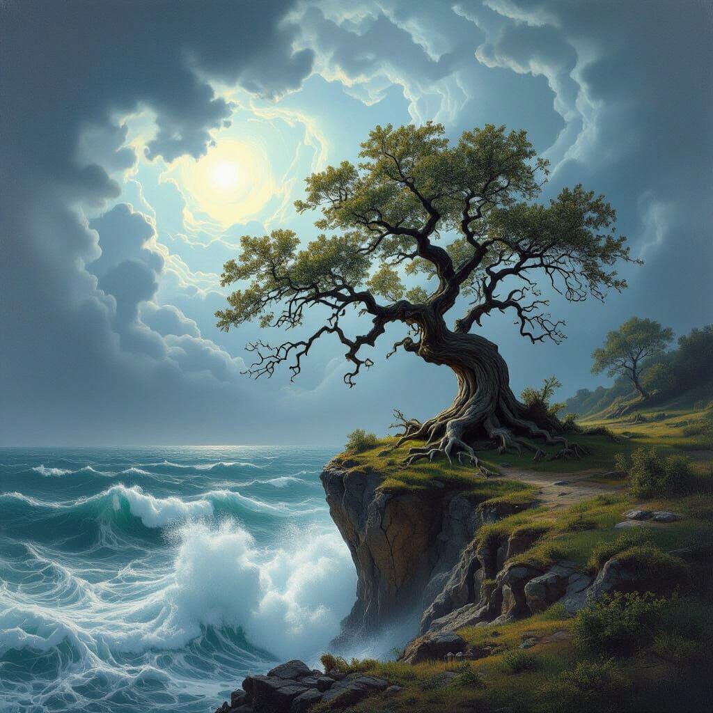 Ancient Oak on Windswept Cliff Overlooking Turbulent Sea