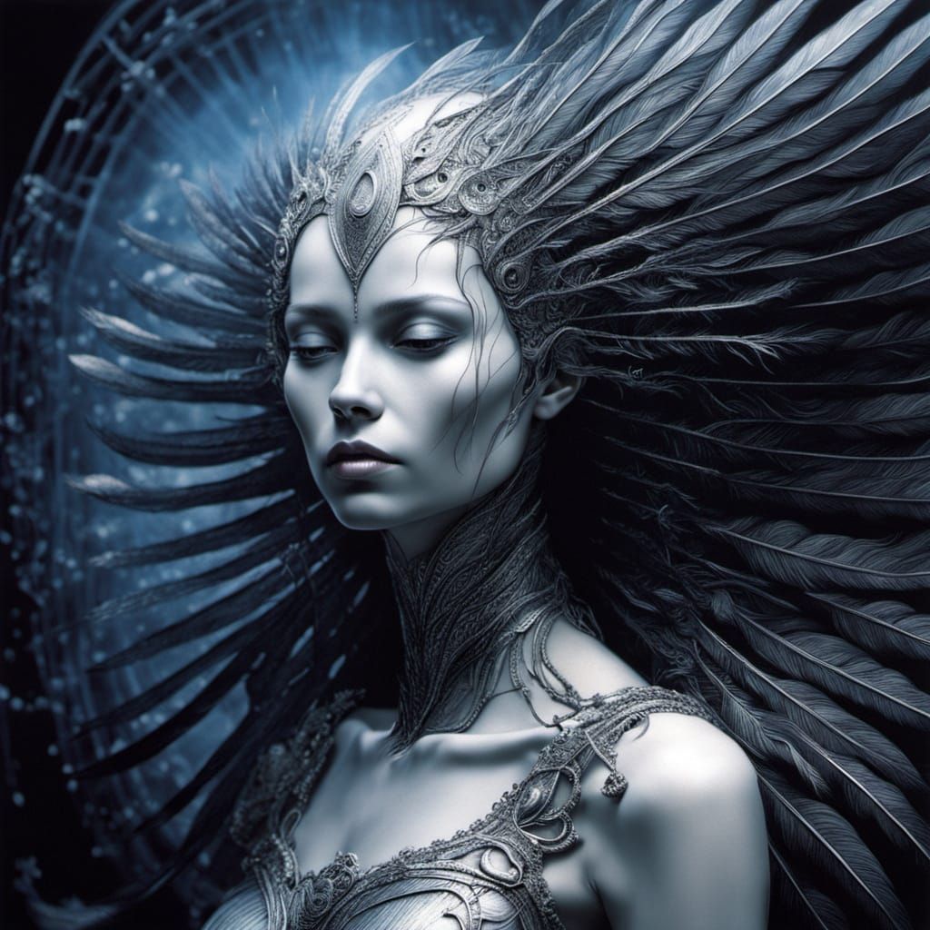 Mystical Woman Transforms into a Wispy Black Feather in a Dr...