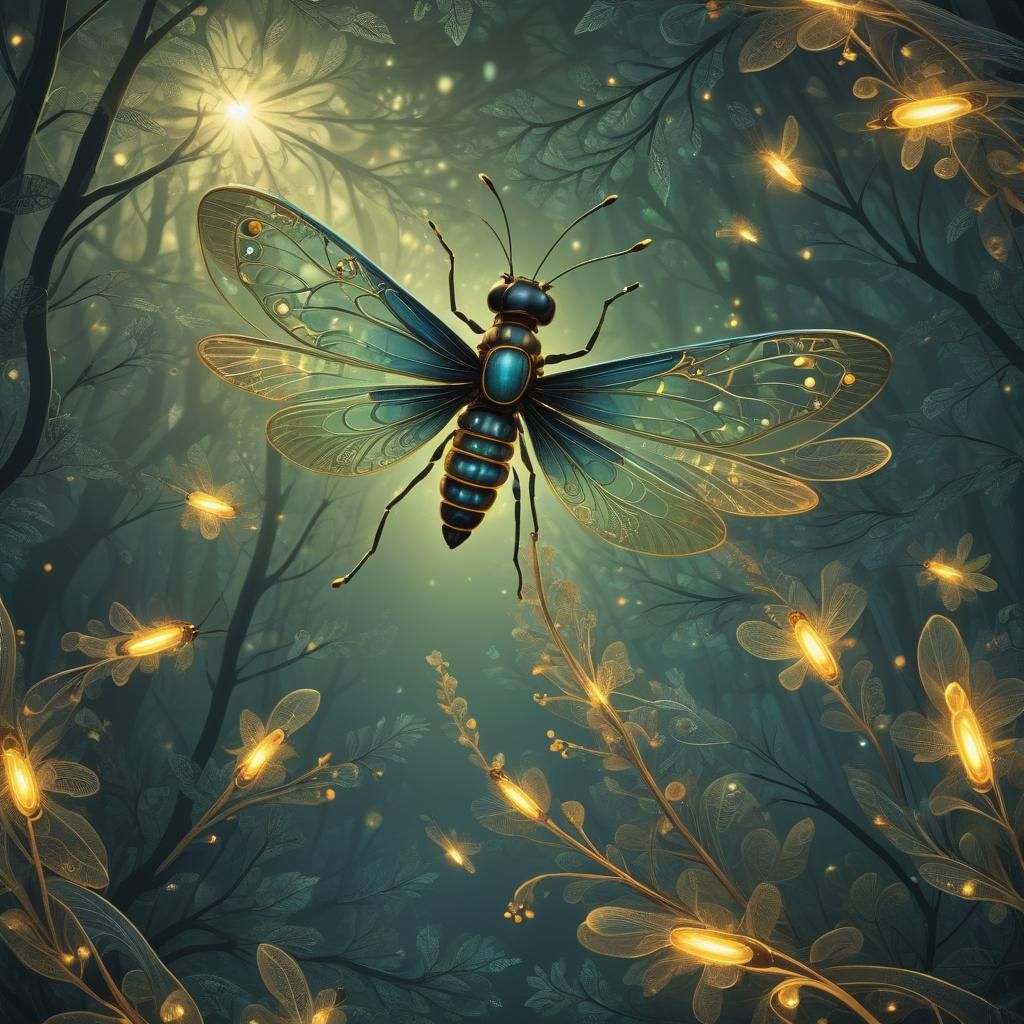 Glowing Firefly in Forest Twilight with Fractal Elements
