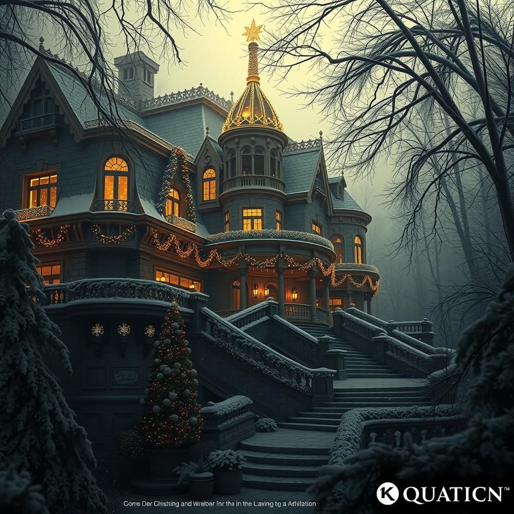 Festive Mansion in Snowy Christmas Village, Art Nouveau