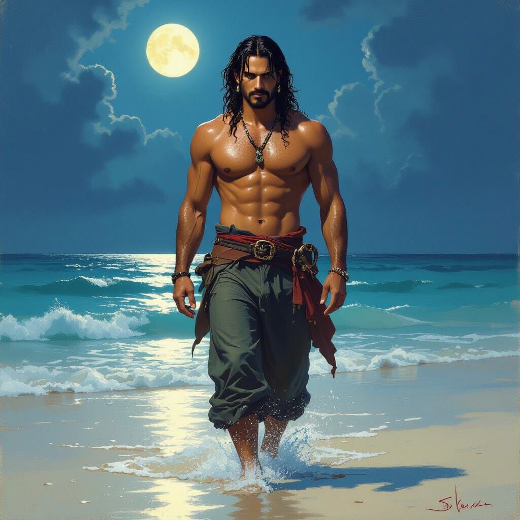 Pirate Emerges from Surf in Romantic Atmospheric Style
