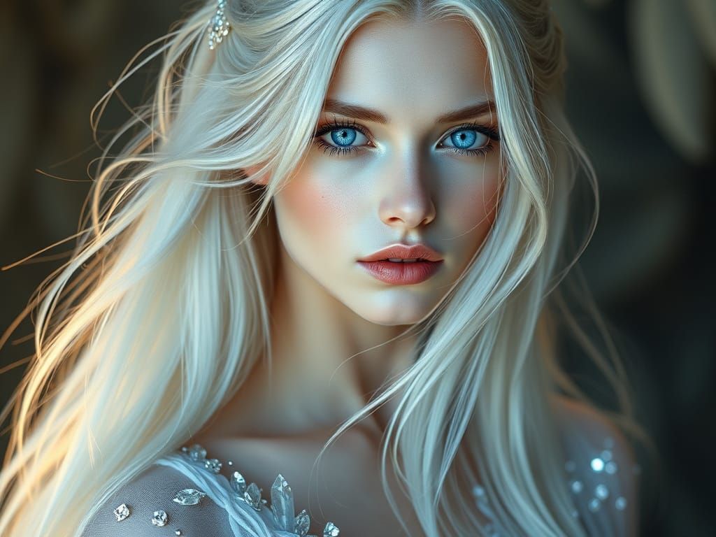 "A beautiful Pleiadian female with crystalline blue eyes and long white-blonde hair which is sparkling with a shimmering...