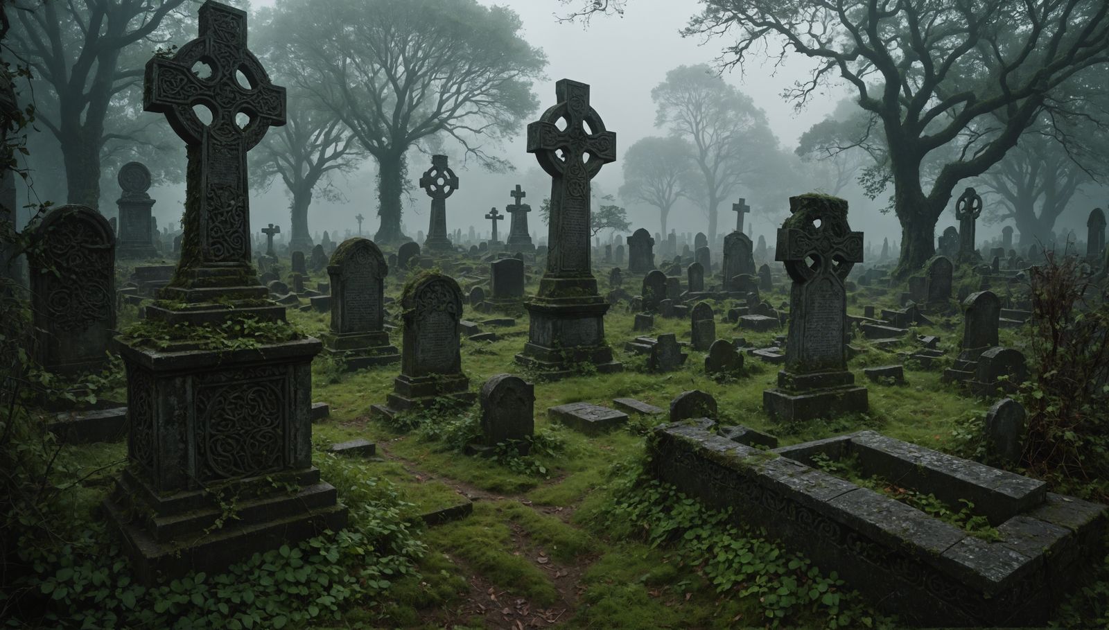 Foggy Overgrown Celtic Cemetery Ruins in Hyperrealism