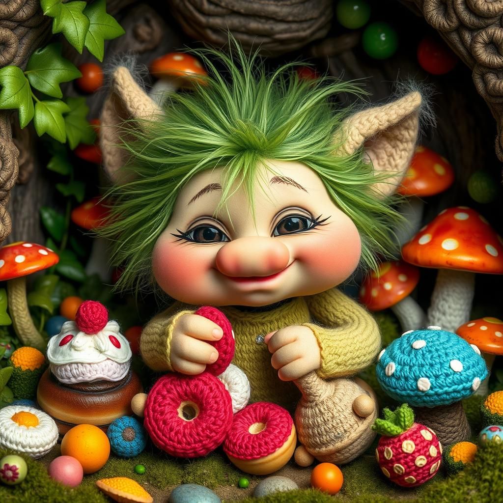Cute Troll Crocheting Food in Whimsical Art Nouveau Setting