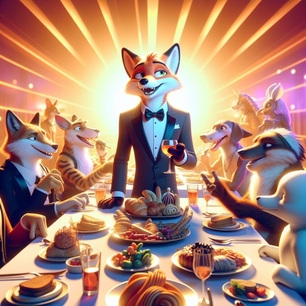 Fox in Tuxedo at Dinner Party: 3D Digital Art