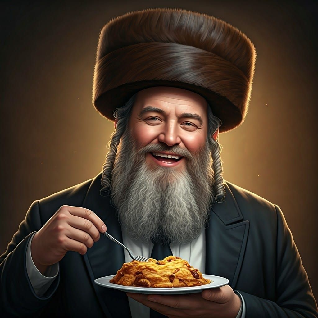 Joyful Hassidic Jew Pounces on Kugel in Anime Style