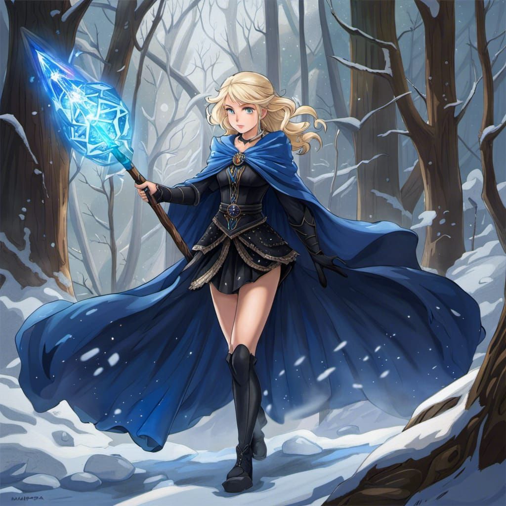 Anime Wizard Woman with Ice Magic in Forest