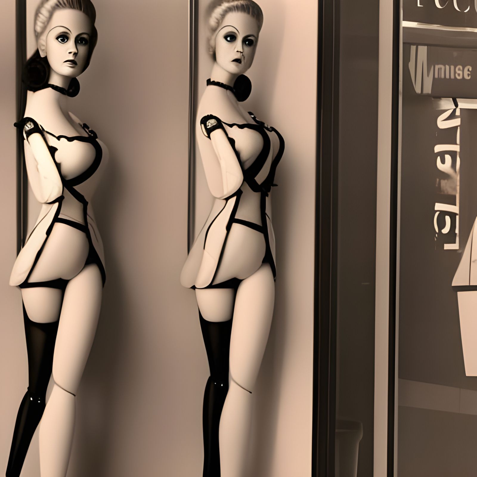 Stacked retail display Elizabeth Montgomery lookalike pleasure dolls for men. drawn in pencil and black ink.