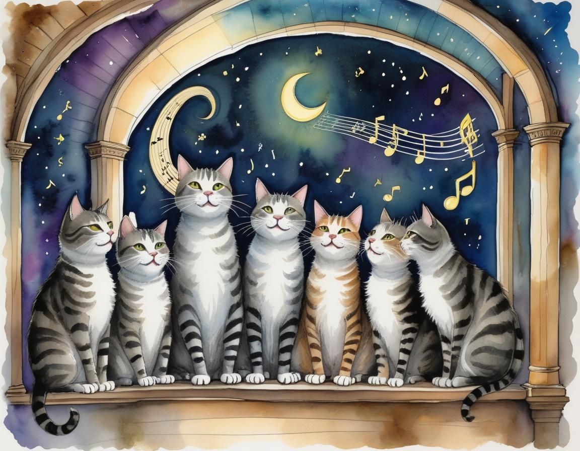 Cats' Choir Under Starry Portico Illustration
