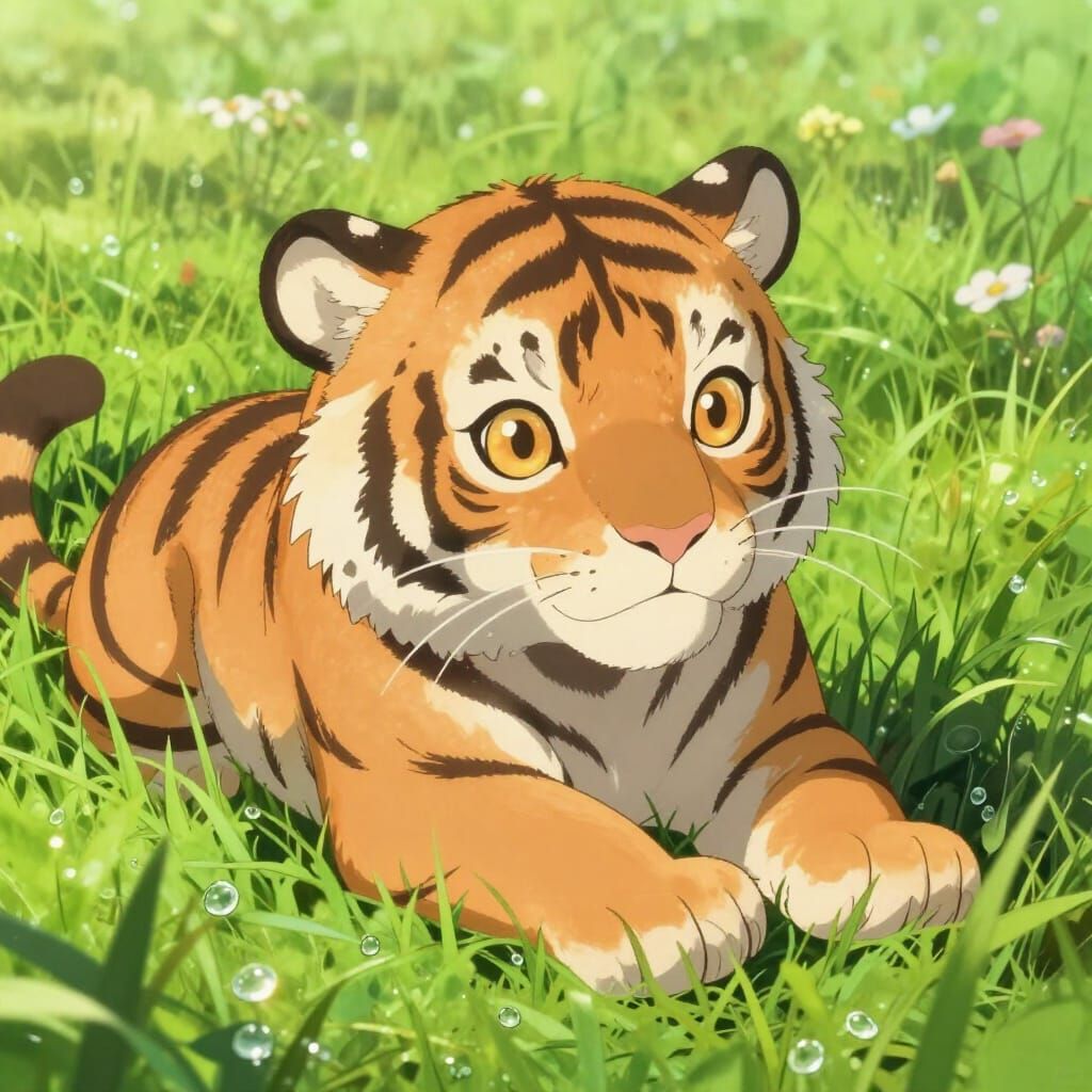 Tiny Anime Tiger Cub in Sunlit Meadow