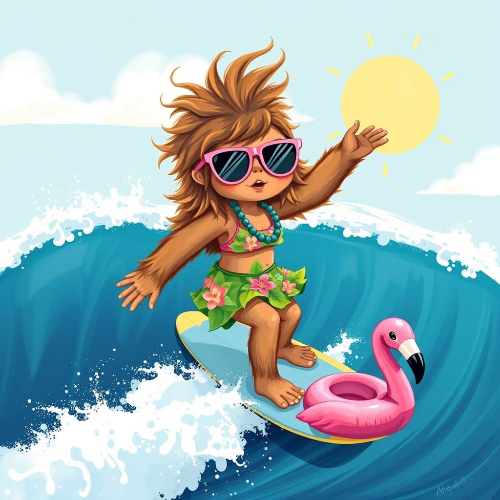 Whimsical Sasquatch Surfs on Pastel Ocean Wave
