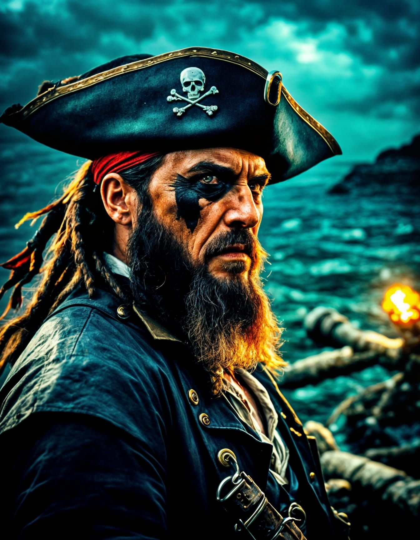 Cinematic Pirate Film Still in Dramatic Lighting