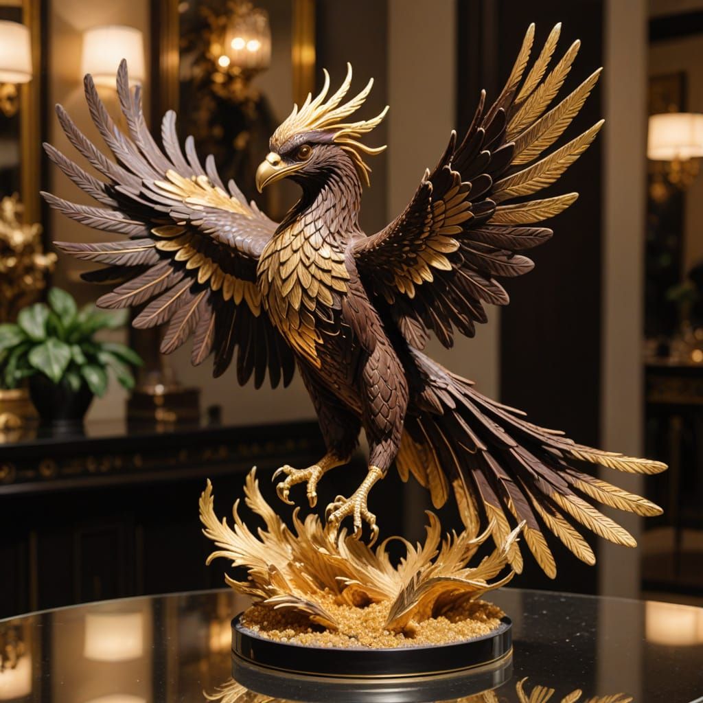 Majestic Chocolate Phoenix Sculpture with Gold Dust