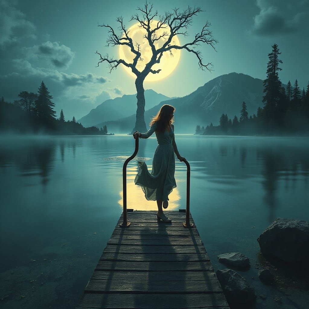 Woman Takes Leap of Faith on Moonlit Lake