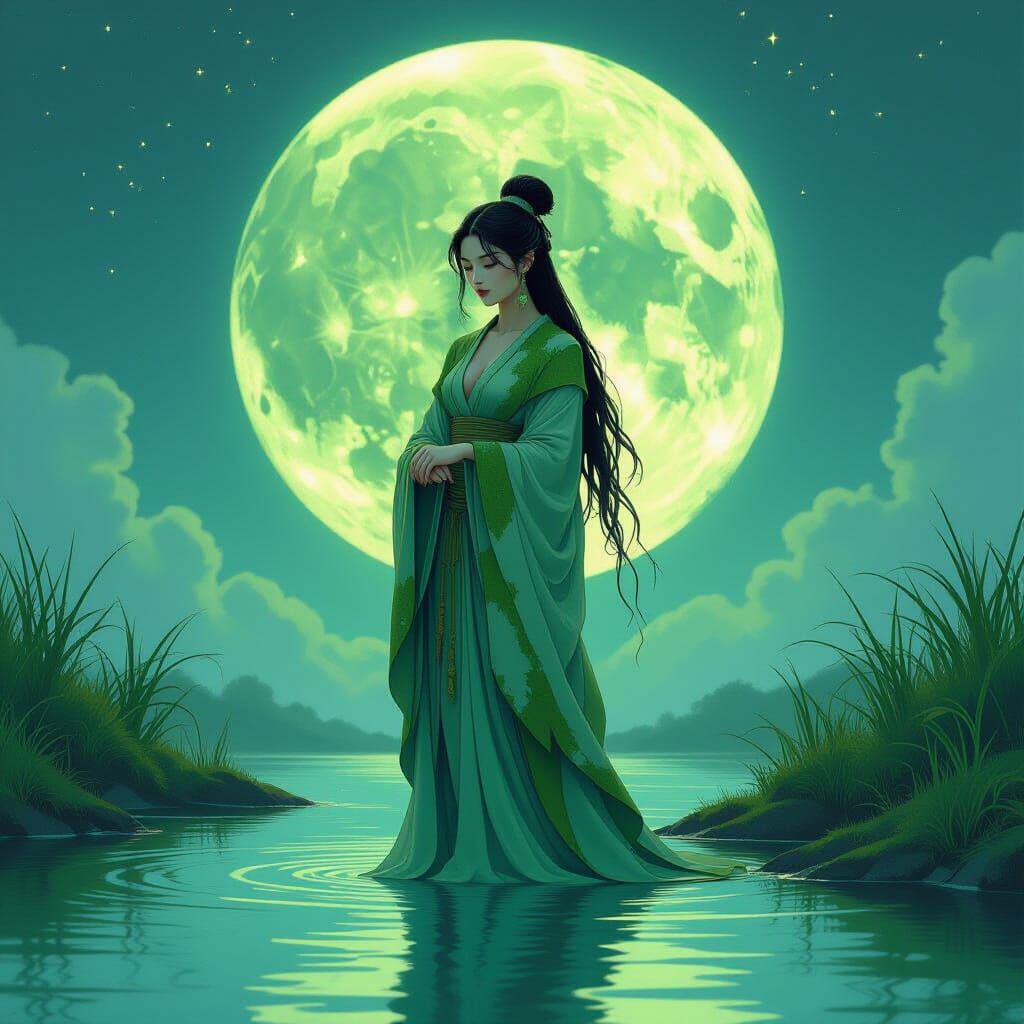 Ethereal River Spirit Under Green Moon