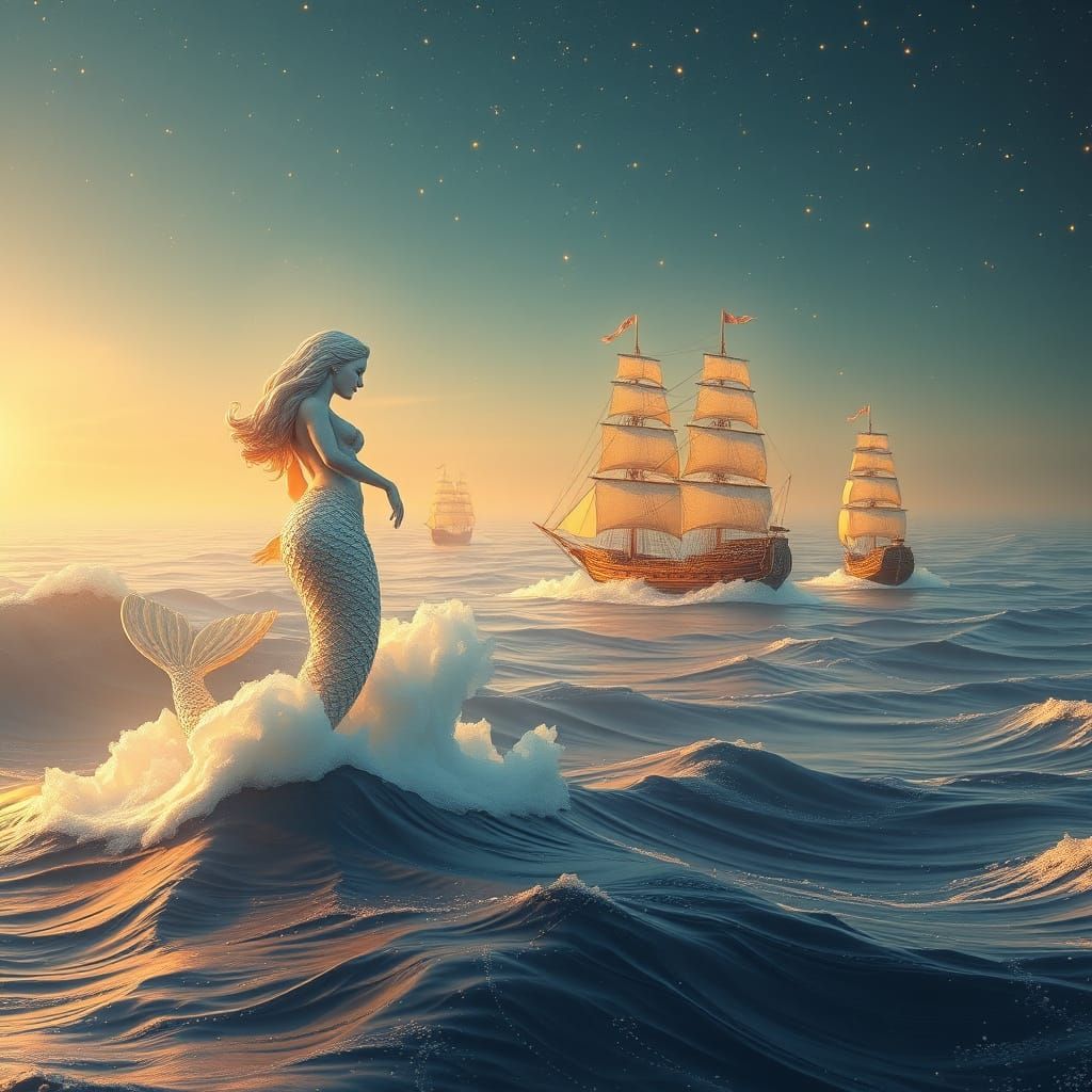 Mystical Ocean Realm with Majestic Mermaid Sculptures and Gl...