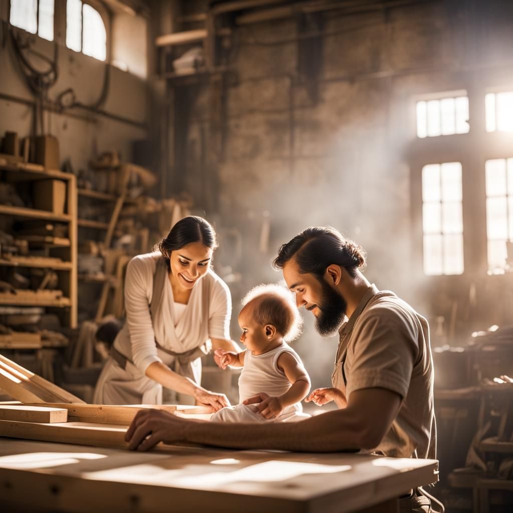 Carpenter Shop Scene with Family in Sunlight