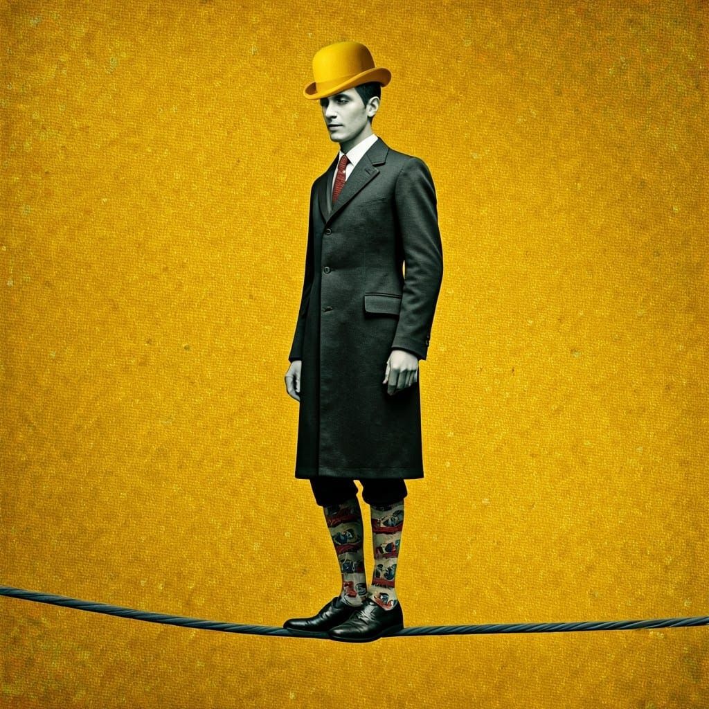Man on Wire in Yellow Hat, Miró Style