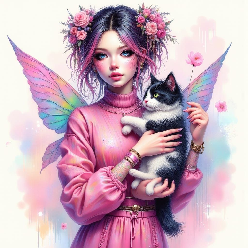 Modern Chinese Woman with Iridescent Sweater and Kitten